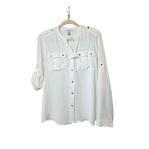 Calvin Klein Soft White Button-Front Roll-Sleeve Blouse M NWT